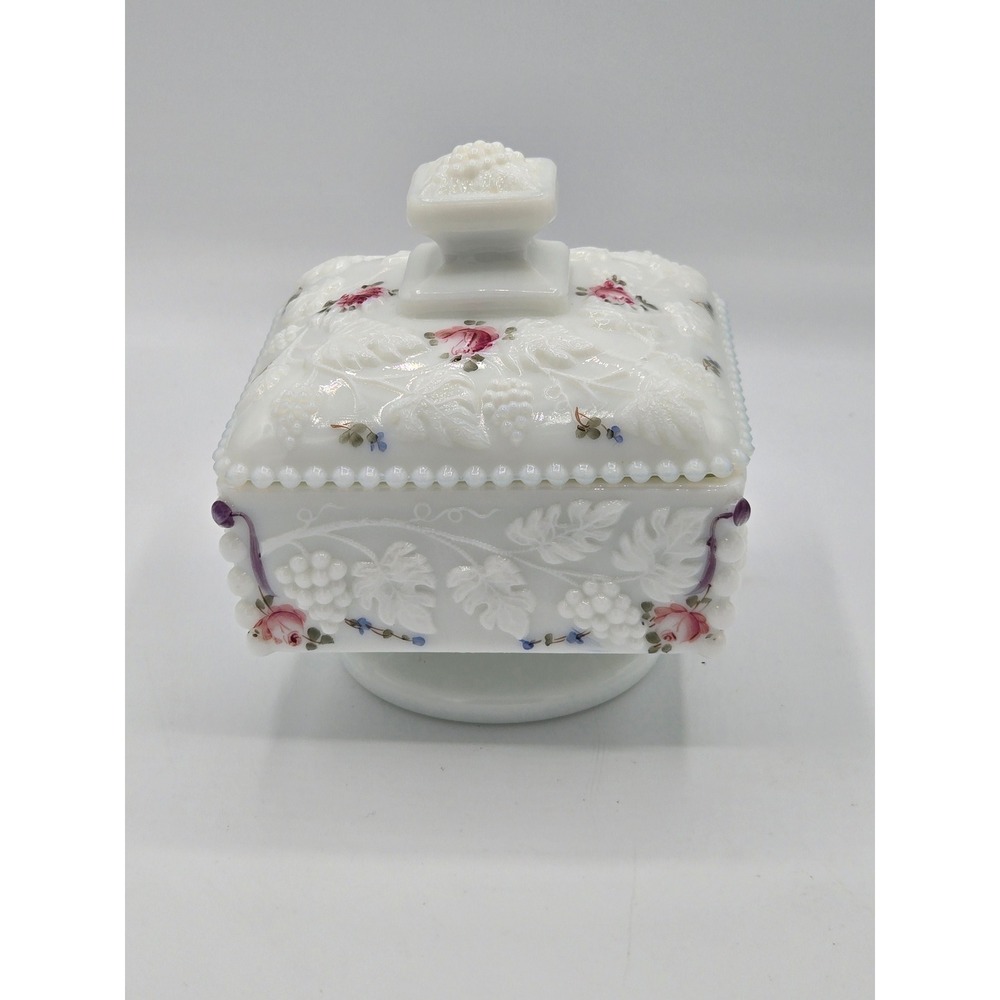 Vintage Westmoreland Milk Glass‎ "Grapes and Roses" Covered Candy Dish